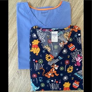 2 scrub tops one Disney one blue with pockets